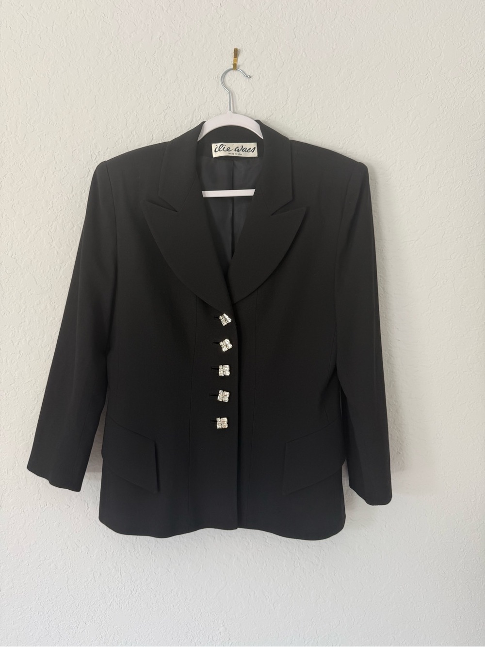 Vtg 1980s ilie Wacs Black Rhinestone Button Blazer Jacket Women’s Size 12 USA
